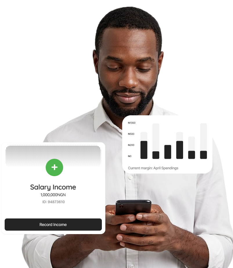 Person recording salary income and spending in the Finote app