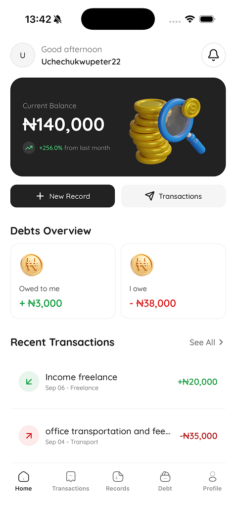 Finote dashboard for recording income and expenses